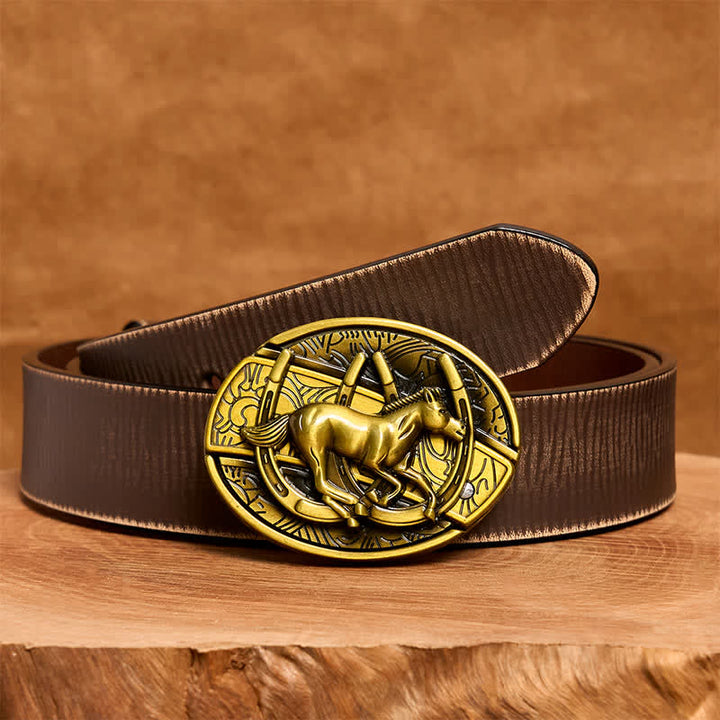 Cintura in pelle con coltello pieghevole nascosto a forma di cavallo al galoppo in bronzo fai da te da uomo - Cavallo al galoppo - Cintura marrone anticata - 42 - image 9