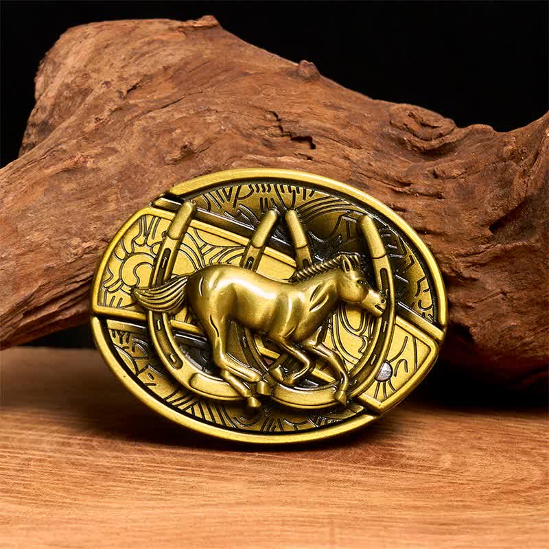 Cintura in pelle con coltello pieghevole nascosto a forma di cavallo al galoppo in bronzo fai da te da uomo - Cavallo al galoppo - Senza cintura - Cintura non inclusa - image 1
