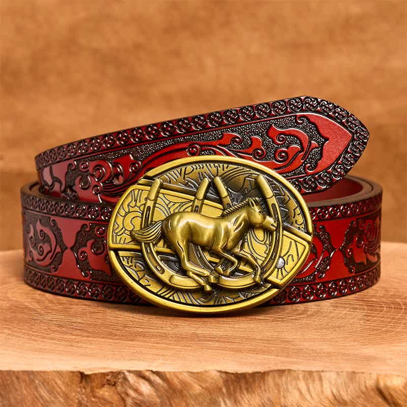 Cintura in pelle con coltello pieghevole nascosto a forma di cavallo al galoppo in bronzo fai da te da uomo - Cavallo al galoppo - Cintura marrone intagliata - 42 - image 8