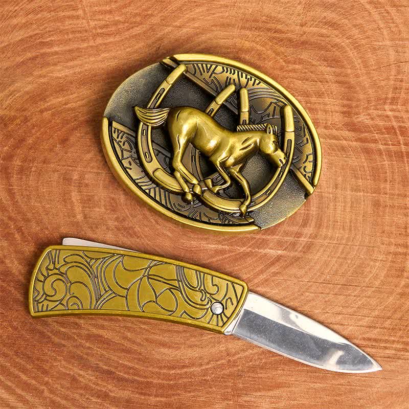 Cintura in pelle con coltello pieghevole nascosto a forma di cavallo al galoppo in bronzo fai da te da uomo - image 2