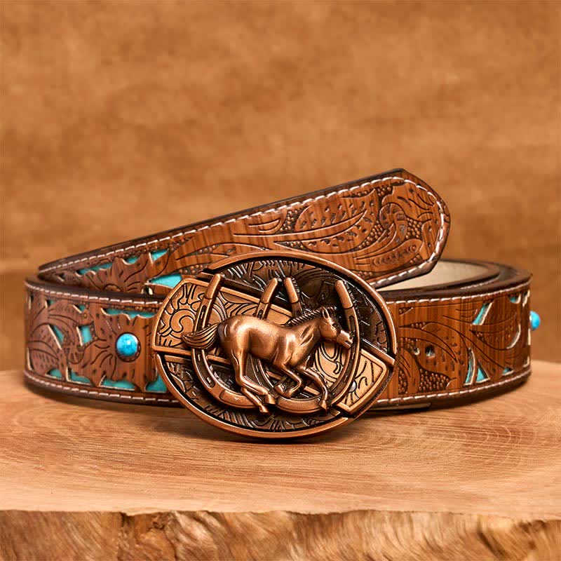 Cintura in pelle con coltello pieghevole nascosto a forma di cavallo al galoppo in bronzo rosso fai da te da uomo - Cavallo al galoppo - Cintura intagliata turchese - 42 - image 6