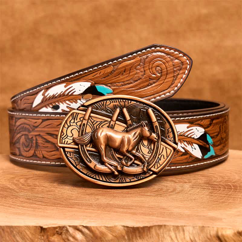 Cintura in pelle con coltello pieghevole nascosto a forma di cavallo al galoppo in bronzo rosso fai da te da uomo - Cavallo al galoppo - Cintura di piume marroni - 40 - image 10