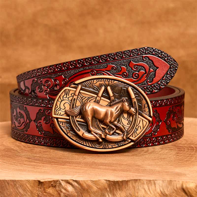 Cintura in pelle con coltello pieghevole nascosto a forma di cavallo al galoppo in bronzo rosso fai da te da uomo - Cavallo al galoppo - Cintura marrone intagliata - 42 - image 8
