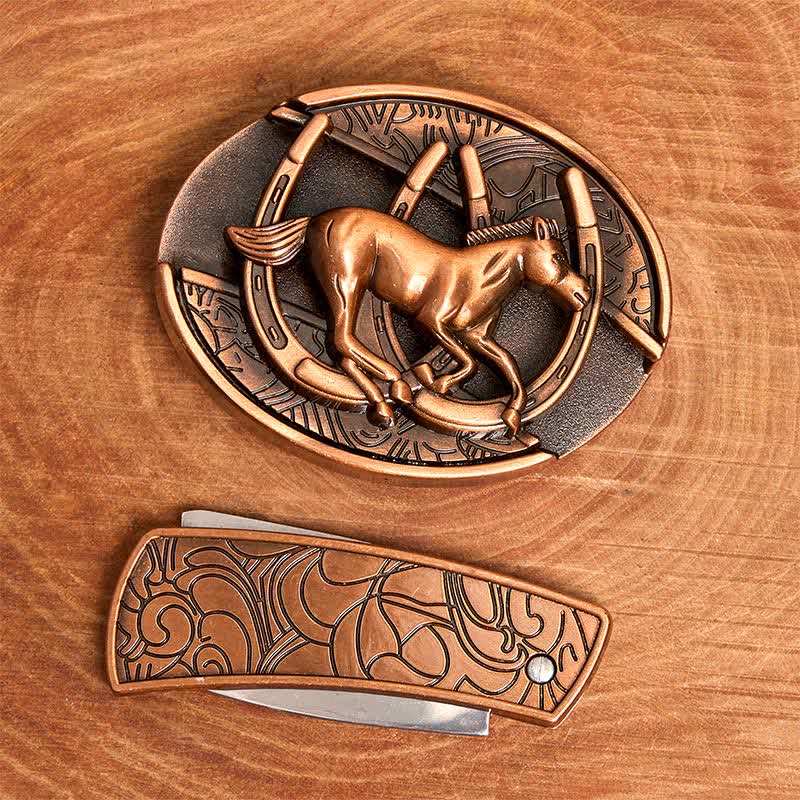 Cintura in pelle con coltello pieghevole nascosto a forma di cavallo al galoppo in bronzo rosso fai da te da uomo - image 4