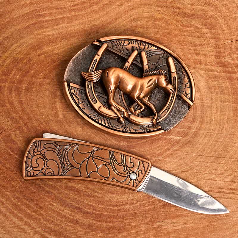 Cintura in pelle con coltello pieghevole nascosto a forma di cavallo al galoppo in bronzo rosso fai da te da uomo - image 2