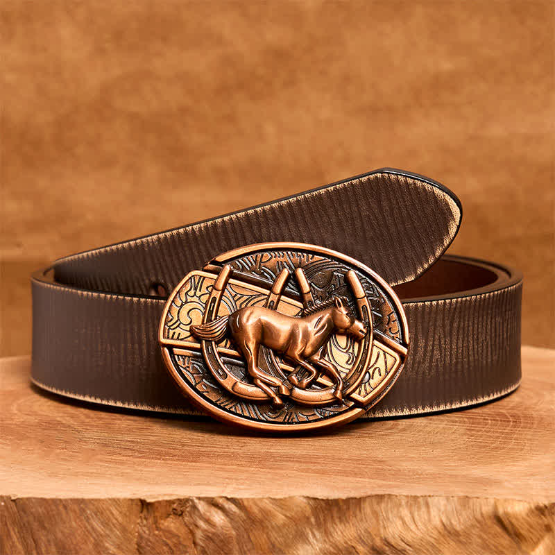 Cintura in pelle con coltello pieghevole nascosto a forma di cavallo al galoppo in bronzo rosso fai da te da uomo - Cavallo al galoppo - Cintura marrone anticata - 42 - image 9