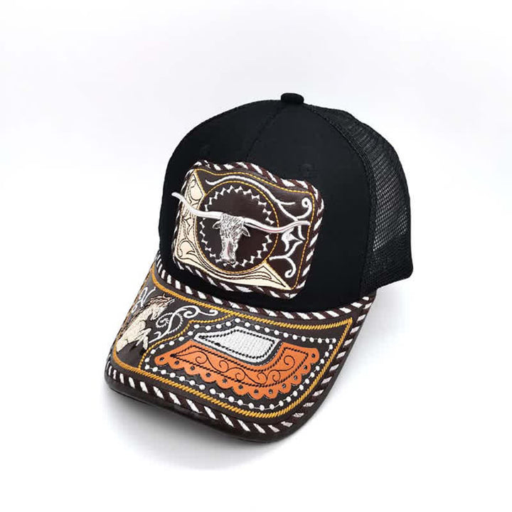 Cappello da camion messicano con motivo in metallo 3D nero, stile etnico occidentale (pre-vendita) - Toro - Regolabile (circa 22"-23 5/8") - image 1