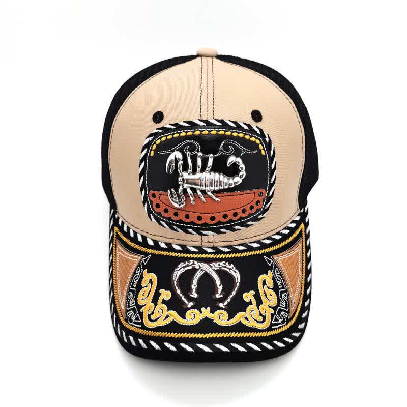 Cappello da camionista messicano in rete etnica con decorazioni in metallo 3D e ricamo beige (pre-vendita) - Scorpion - Regolabile (22"-23 5/8") - image 10