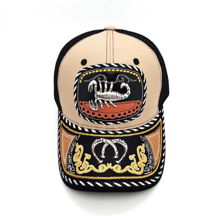 Cappello da camionista messicano in rete etnica con decorazioni in metallo 3D e ricamo beige (pre-vendita) - Scorpion - Regolabile (22"-23 5/8") - image 10