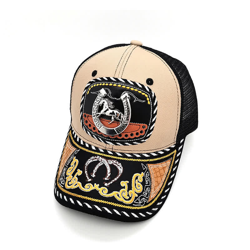 Cappello da camionista messicano in rete etnica con decorazioni in metallo 3D e ricamo beige (pre-vendita) - Ferro di cavallo - Regolabile (22"-23 5/8") - image 1