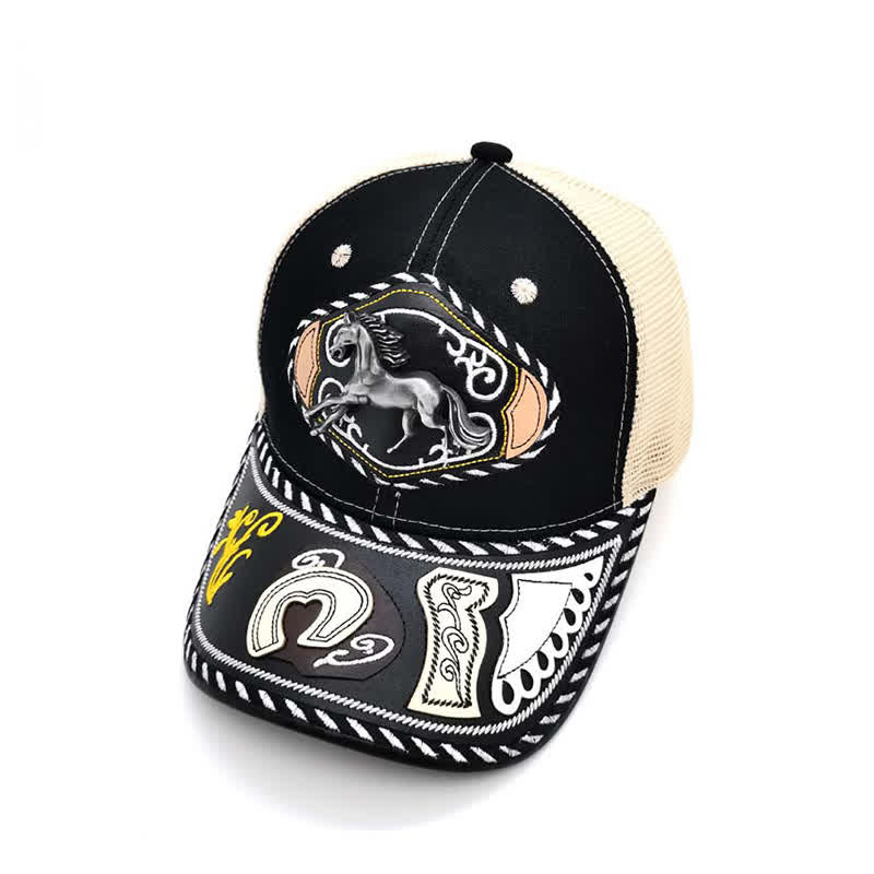 Cappello da camionista messicano etnico in rete beige con decorazione in metallo 3D nero (pre-vendita) - Cavallo - Regolabile (circa 22"-23 5/8") - image 4