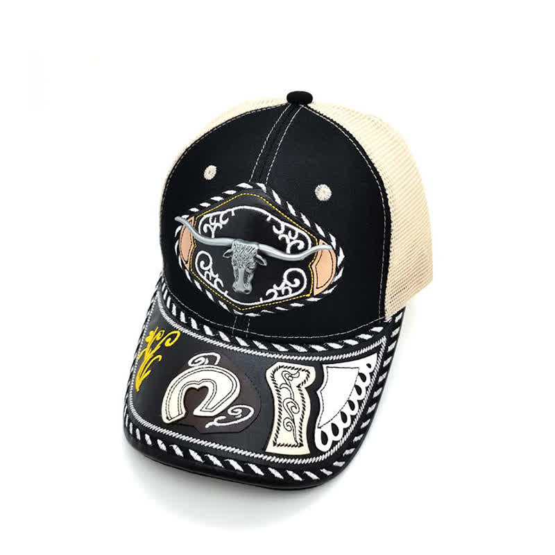 Cappello da camionista messicano etnico in rete beige con decorazione in metallo 3D nero (pre-vendita) - Toro - Regolabile (circa 22"-23 5/8") - image 1