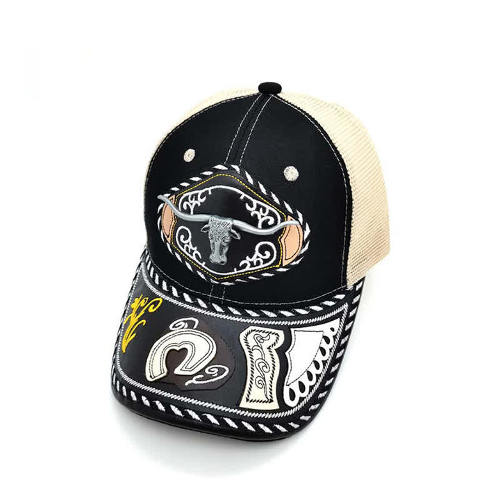 Cappello da camionista messicano etnico in rete beige con decorazione in metallo 3D nero (pre-vendita) - Toro - Regolabile (circa 22"-23 5/8") - image 1