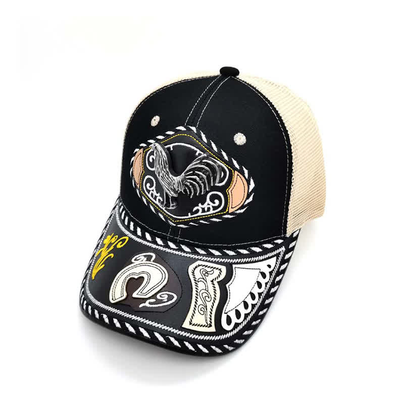 Cappello da camionista messicano etnico in rete beige con decorazione in metallo 3D nero (pre-vendita) - Gallo - Regolabile (circa 22"-23 5/8") - image 6