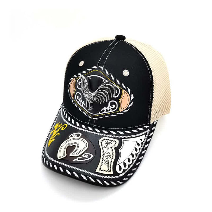 Cappello da camionista messicano etnico in rete beige con decorazione in metallo 3D nero (pre-vendita) - Gallo - Regolabile (circa 22"-23 5/8") - image 6