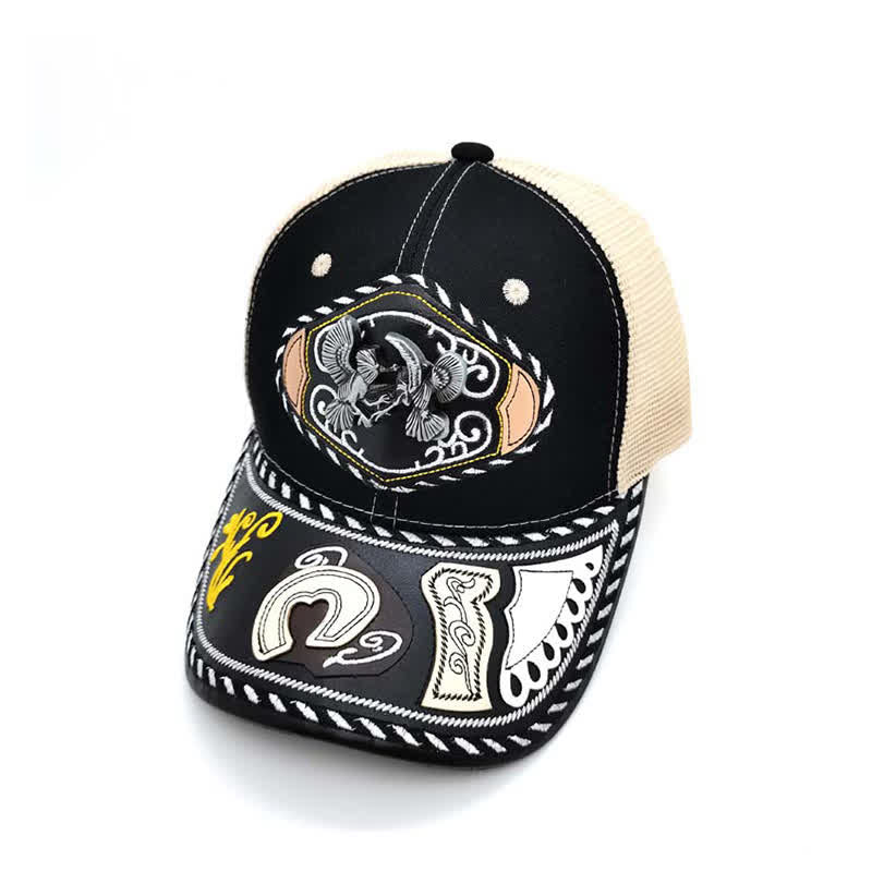 Cappello da camionista messicano etnico in rete beige con decorazione in metallo 3D nero (pre-vendita) - Uccelli - Regolabile (circa 22"-23 5/8") - image 10