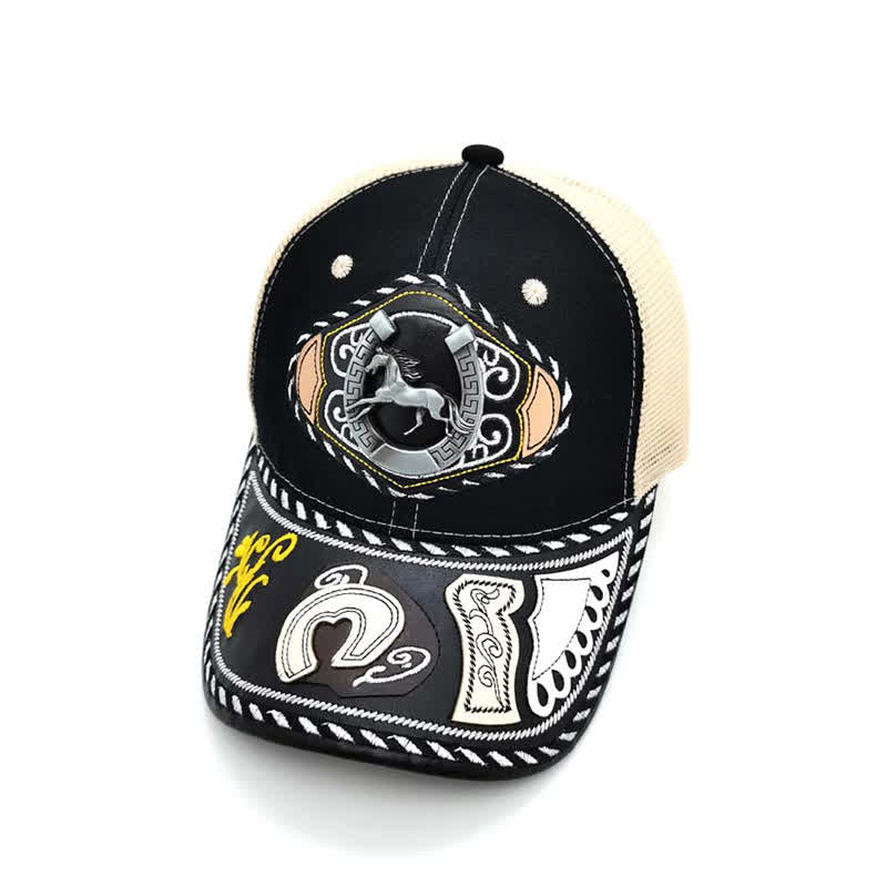 Cappello da camionista messicano etnico in rete beige con decorazione in metallo 3D nero (pre-vendita) - Ferro di cavallo - Regolabile (circa 22"-23 5/8") - image 12