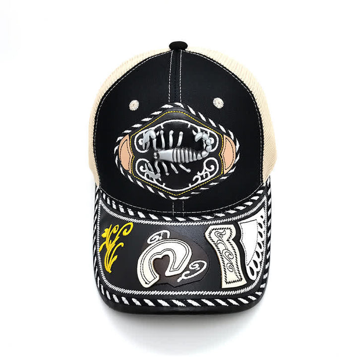 Cappello da camionista messicano etnico in rete beige con decorazione in metallo 3D nero (pre-vendita) - Scorpion - Regolabile (circa 22"-23 5/8") - image 9