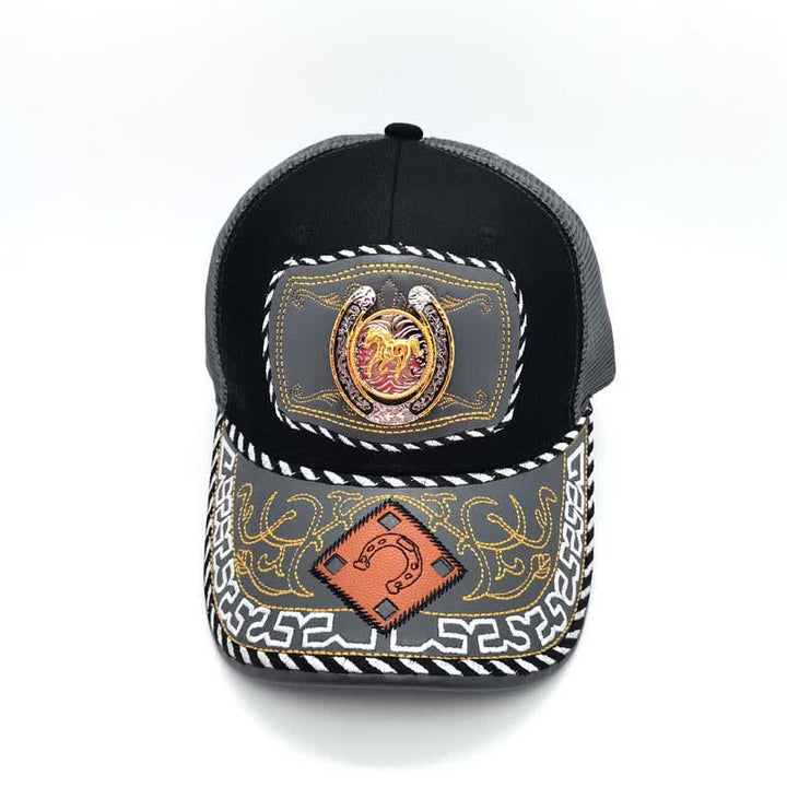 Cappello da camionista messicano etnico in maglia grigia con decorazione in metallo a ferro di cavallo 3D dorato (pre-vendita) - image 2