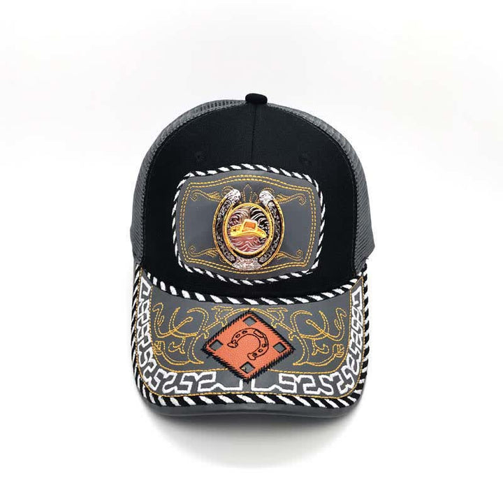 Cappello da camionista messicano etnico in maglia grigia con decorazione in metallo a ferro di cavallo 3D dorato (pre-vendita) - image 12
