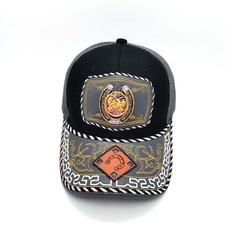 Cappello da camionista messicano etnico in maglia grigia con decorazione in metallo a ferro di cavallo 3D dorato (pre-vendita) - image 8