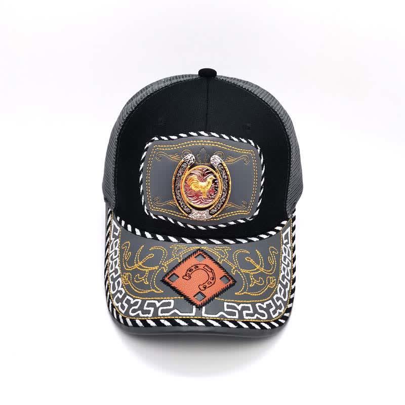 Cappello da camionista messicano etnico in maglia grigia con decorazione in metallo a ferro di cavallo 3D dorato (pre-vendita) - image 10