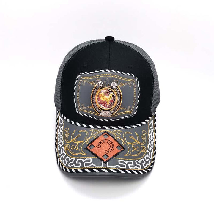 Cappello da camionista messicano etnico in maglia grigia con decorazione in metallo a ferro di cavallo 3D dorato (pre-vendita) - image 10