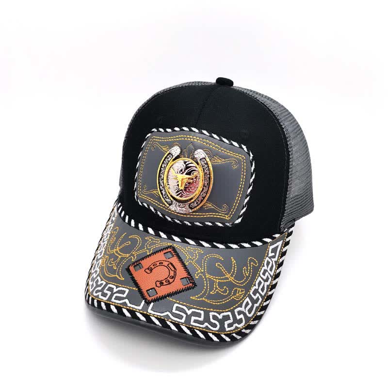 Cappello da camionista messicano etnico in maglia grigia con decorazione in metallo a ferro di cavallo 3D dorato (pre-vendita) - Toro - Regolabile (circa 22"-23 5/8") - image 3