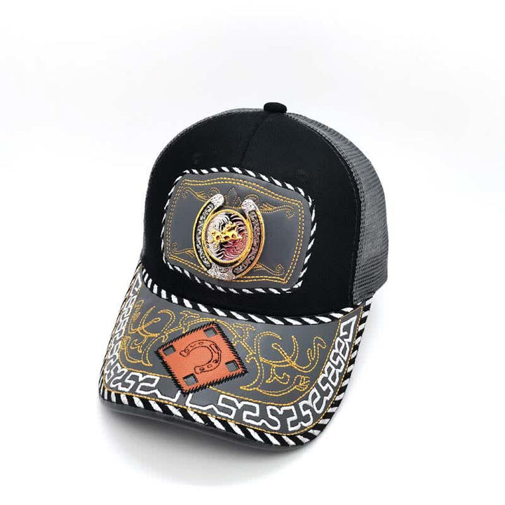 Cappello da camionista messicano etnico in maglia grigia con decorazione in metallo a ferro di cavallo 3D dorato (pre-vendita) - Cavallo in corsa - Regolabile (circa 22"-23 5/8") - image 5