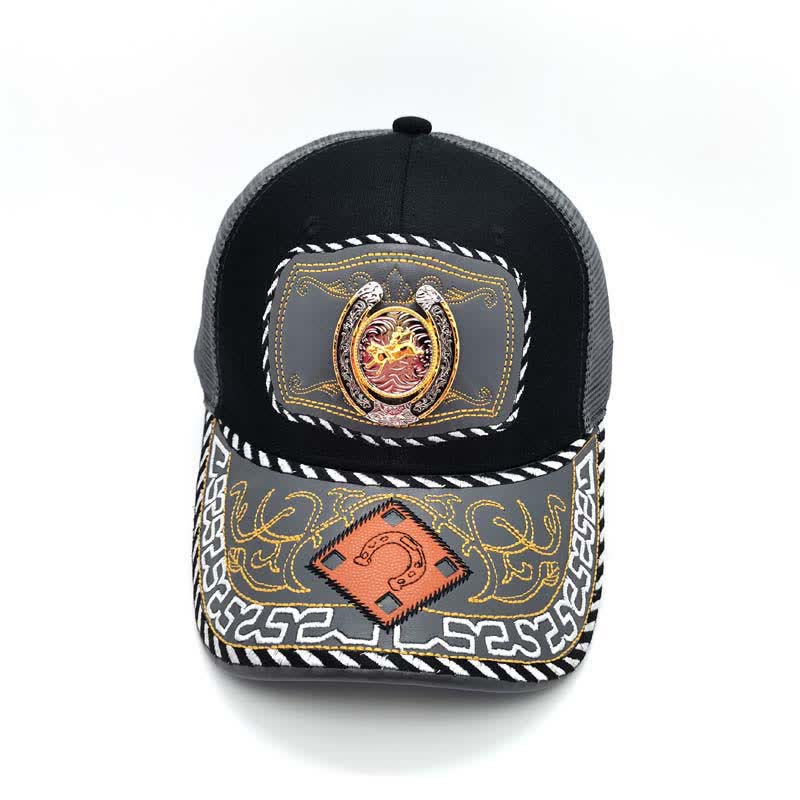 Cappello da camionista messicano etnico in maglia grigia con decorazione in metallo a ferro di cavallo 3D dorato (pre-vendita) - image 6