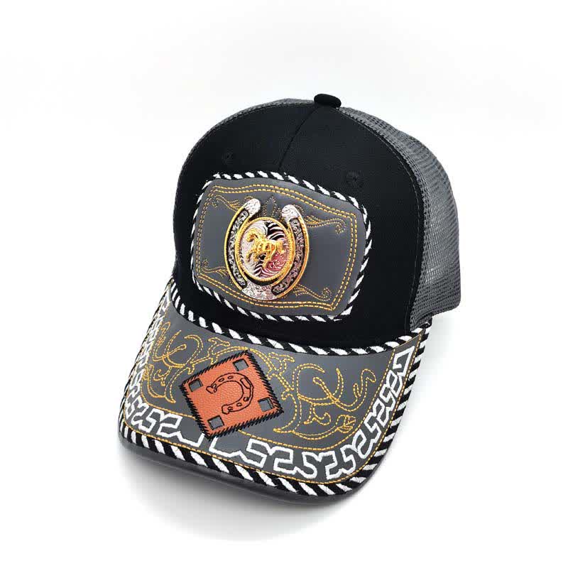 Cappello da camionista messicano etnico in maglia grigia con decorazione in metallo a ferro di cavallo 3D dorato (pre-vendita) - Cavallo - Regolabile (circa 22"-23 5/8") - image 1