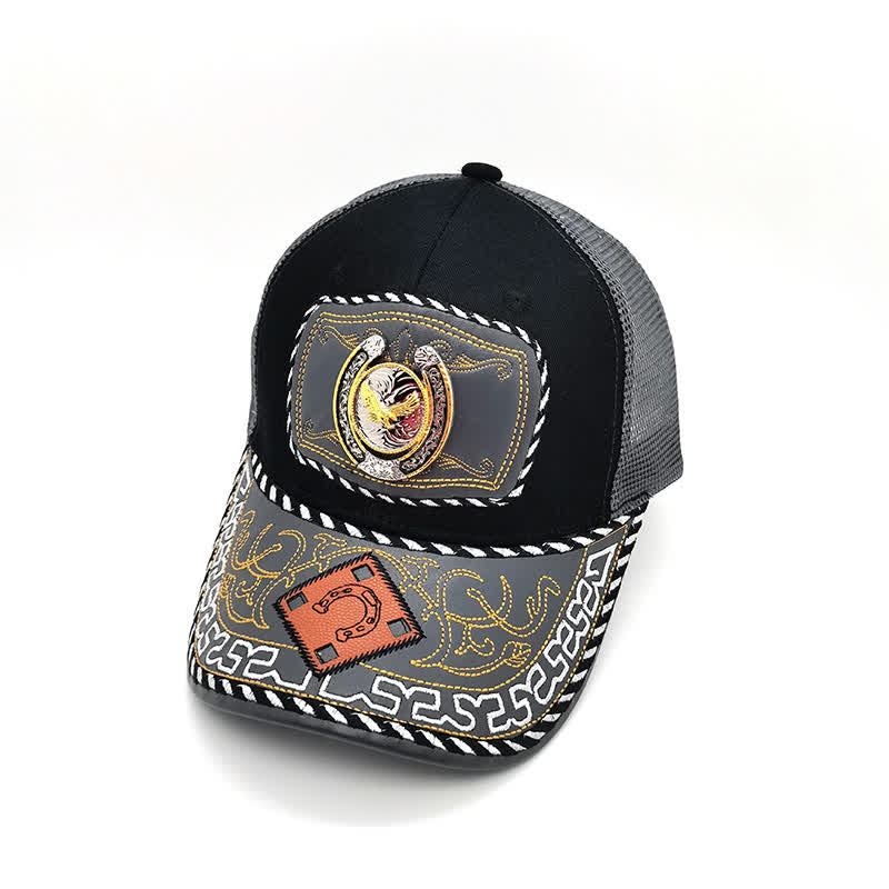Cappello da camionista messicano etnico in maglia grigia con decorazione in metallo a ferro di cavallo 3D dorato (pre-vendita) - Aquila - Regolabile (circa 22"-23 5/8") - image 13