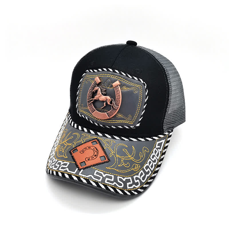 Cappello da camionista messicano in maglia grigia con decorazioni in metallo 3D color rame (pre-vendita) - Ferro di cavallo - M (22"-22 7/8") - image 1