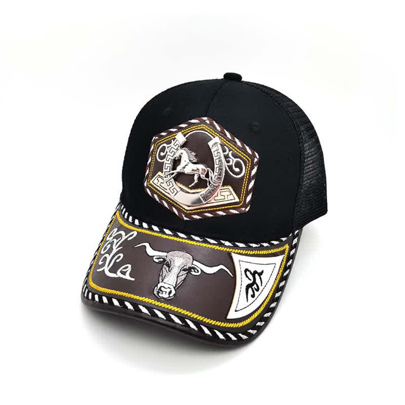 Cappello da camionista in rete nera con ricamo occidentale e decorazione in metallo 3D argentato (pre-vendita) - Ferro di cavallo - Regolabile (circa 22"-23 5/8") - image 1