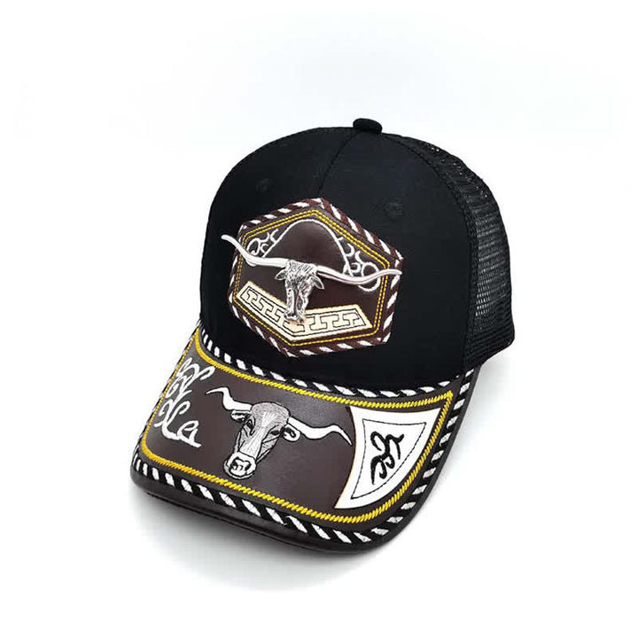 Cappello da camionista in rete nera con ricamo occidentale e decorazione in metallo 3D argentato (pre-vendita) - Toro - Regolabile (circa 22"-23 5/8") - image 4