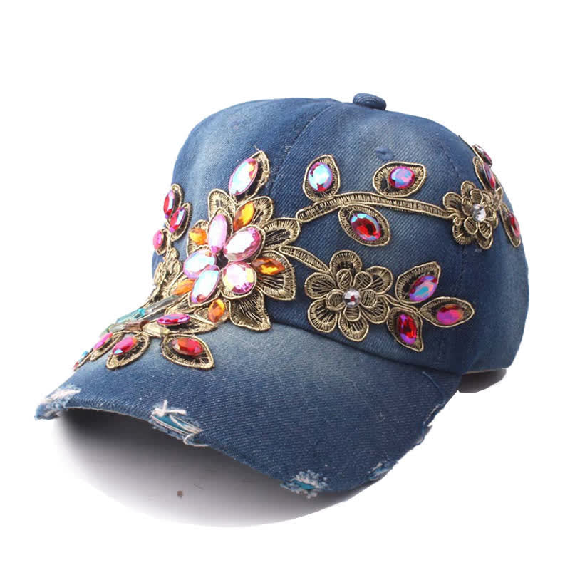 Cappellino da baseball regolabile con ricamo floreale in paillettes e cristalli - Blu scuro - Regolabile (circa 21 5/8"-22 7/8") - image 1