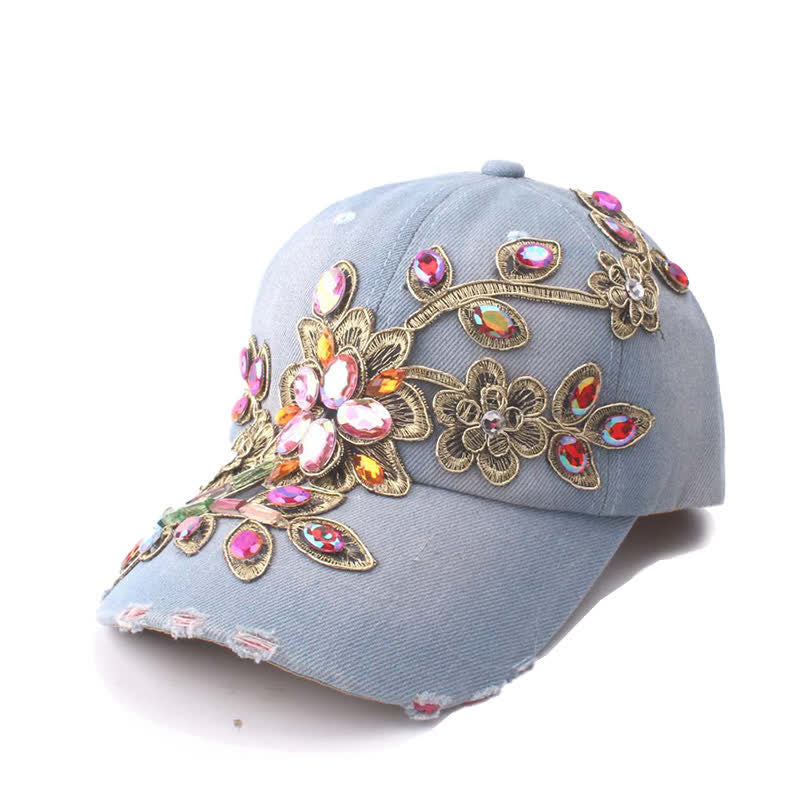 Cappellino da baseball regolabile con ricamo floreale in paillettes e cristalli - Azzurro chiaro - Regolabile (circa 21 5/8"-22 7/8") - image 2