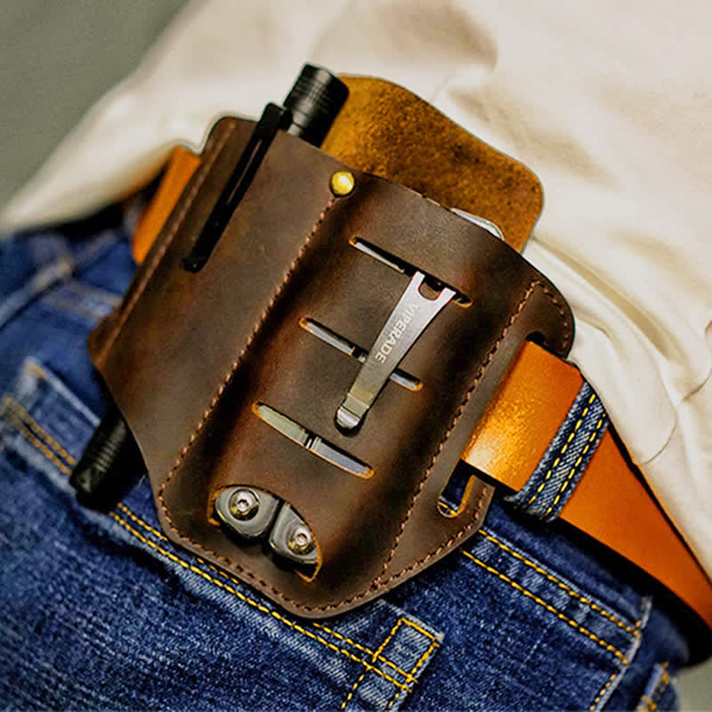 Borsa da cintura in pelle per torcia elettrica, coltello pieghevole, custodia per attrezzi EDC - Marrone scuro - image 0