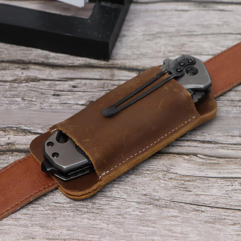 Fodero per coltello pieghevole con fondo aperto orizzontale, borsa da cintura in pelle - Marrone - image 1