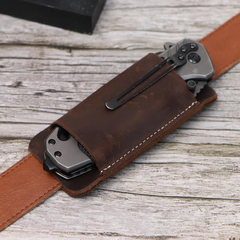 Fodero per coltello pieghevole con fondo aperto orizzontale, borsa da cintura in pelle - Marrone scuro - image 11