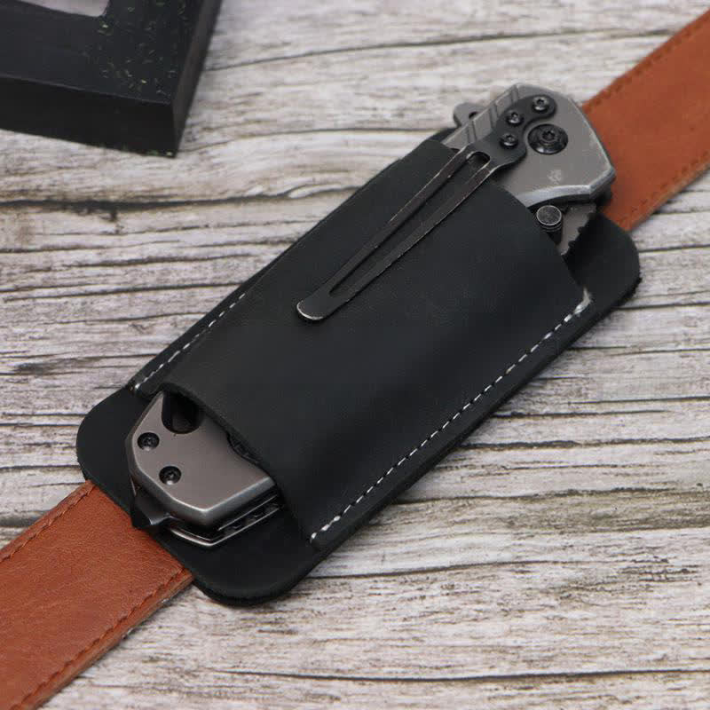 Fodero per coltello pieghevole con fondo aperto orizzontale, borsa da cintura in pelle - Nero - image 6