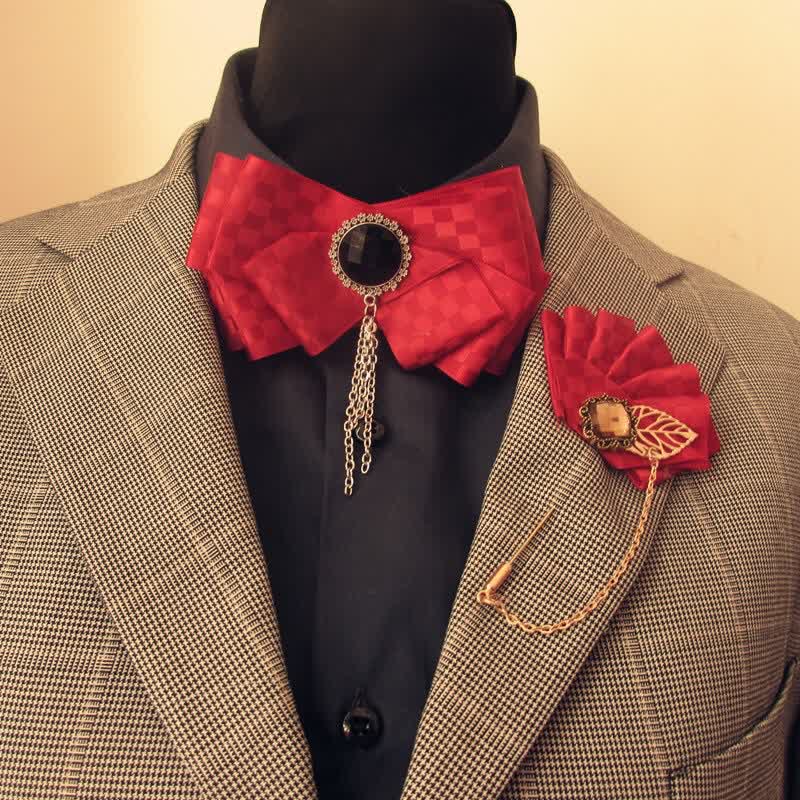 Set di 2 papillon con motivo a quadri e spille - Rosso - image 2