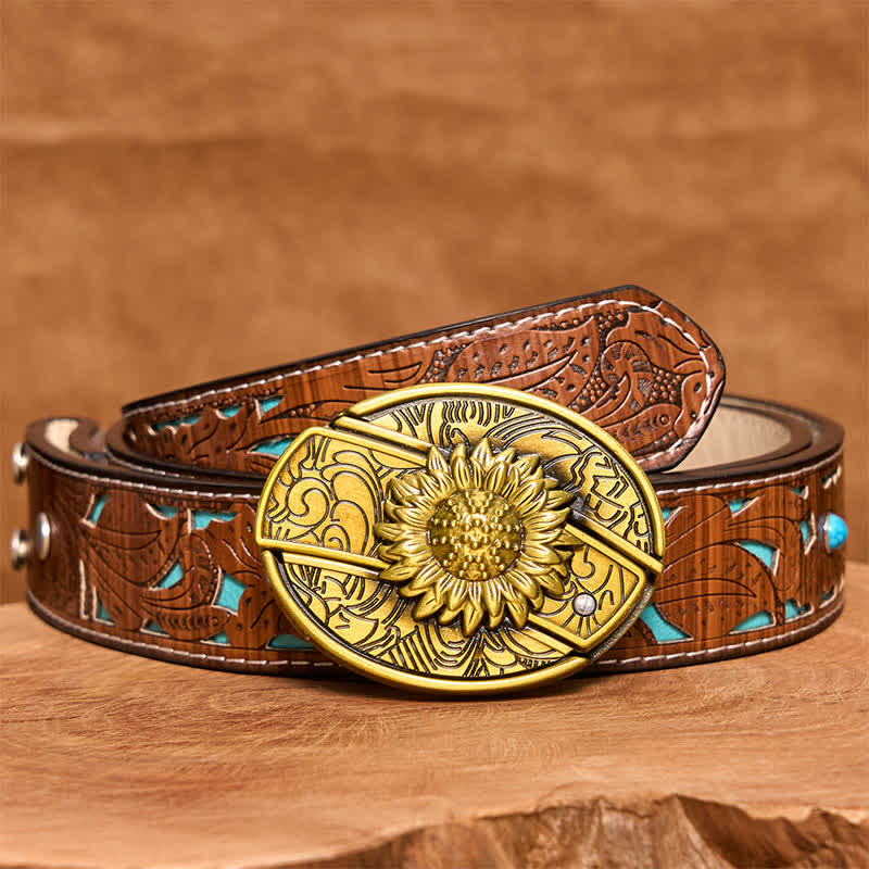 Cintura in pelle con coltello pieghevole nascosto a forma di girasole in bronzo fai da te da uomo - Girasole - Cintura intagliata turchese - 42 - image 6