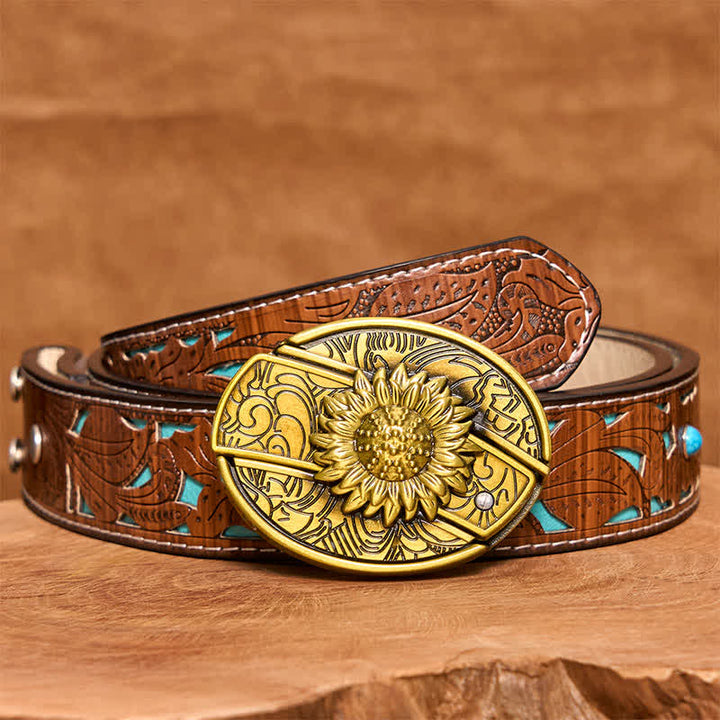Cintura in pelle con coltello pieghevole nascosto a forma di girasole in bronzo fai da te da uomo - Girasole - Cintura intagliata turchese - 42 - image 6