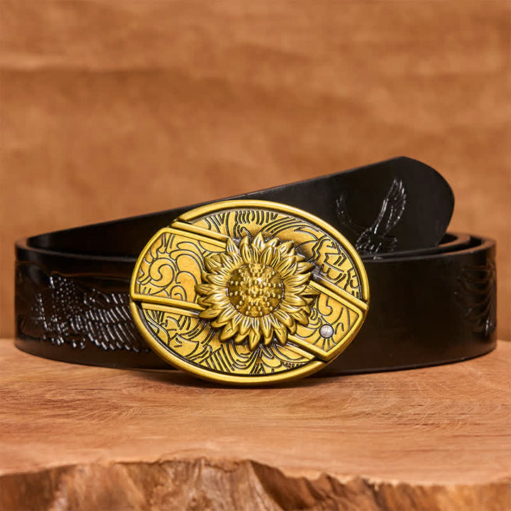 Cintura in pelle con coltello pieghevole nascosto a forma di girasole in bronzo fai da te da uomo - Girasole - Cintura con aquila in rilievo nera - 42 - image 7