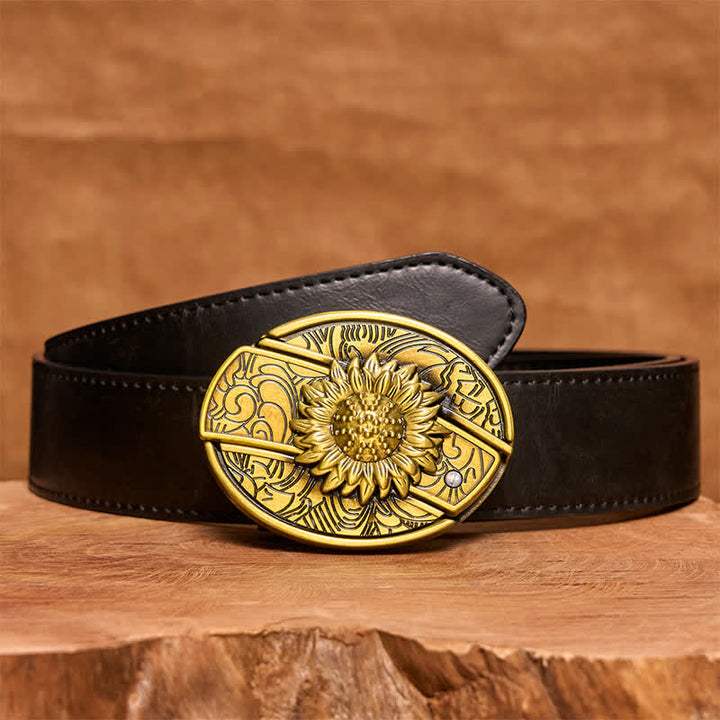 Cintura in pelle con coltello pieghevole nascosto a forma di girasole in bronzo fai da te da uomo - Girasole - Cintura nera in PU - 42 - image 5