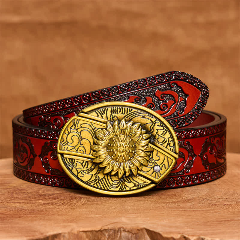 Cintura in pelle con coltello pieghevole nascosto a forma di girasole in bronzo fai da te da uomo - Girasole - Cintura marrone intagliata - 42 - image 8