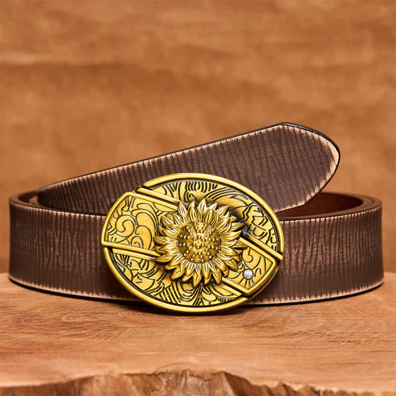 Cintura in pelle con coltello pieghevole nascosto a forma di girasole in bronzo fai da te da uomo - Girasole - Cintura marrone anticata - 42 - image 9