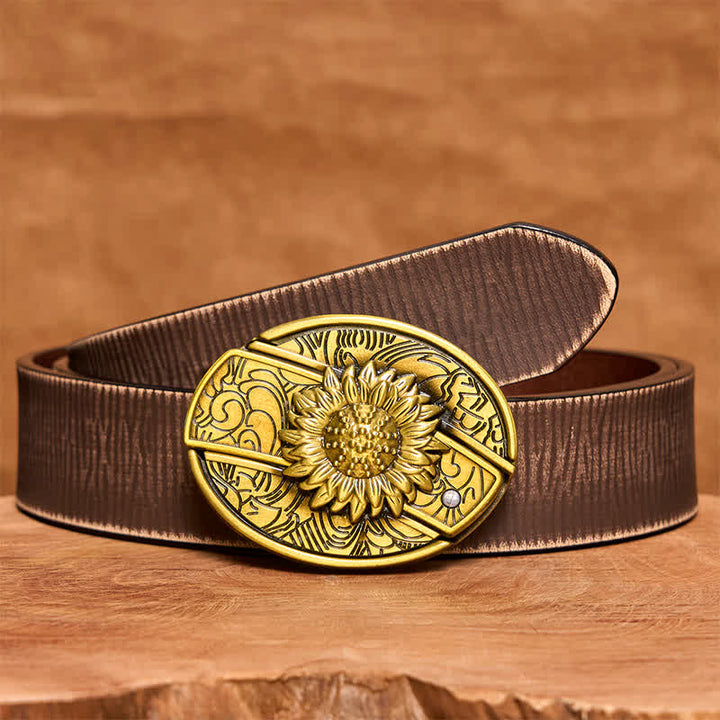 Cintura in pelle con coltello pieghevole nascosto a forma di girasole in bronzo fai da te da uomo - Girasole - Cintura marrone anticata - 42 - image 9