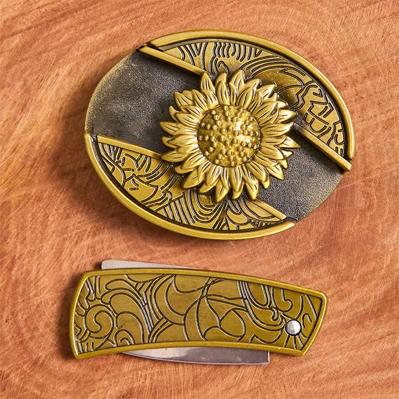 Cintura in pelle con coltello pieghevole nascosto a forma di girasole in bronzo fai da te da uomo - image 3